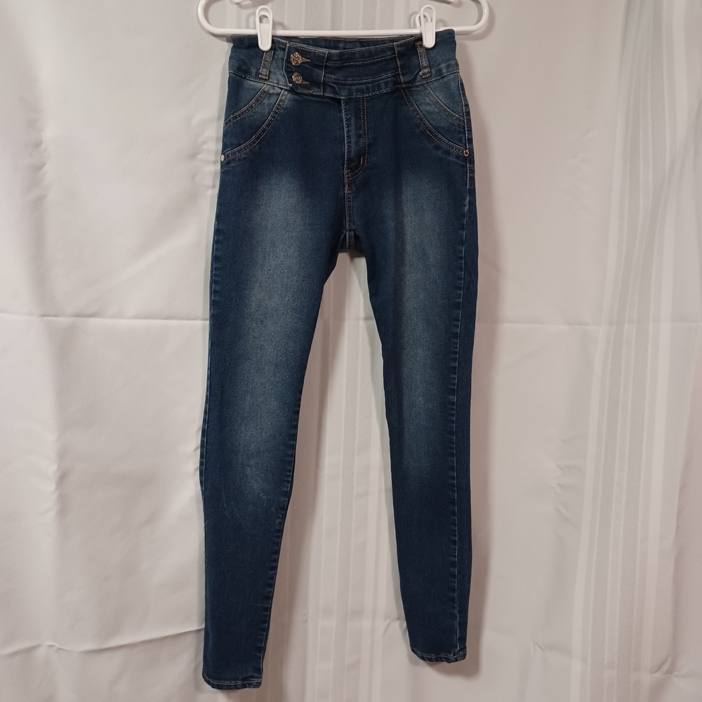 Denim Warehouse Skinny Jeans Womens 5 Blue Dark Wash High Rise Faux Pockets